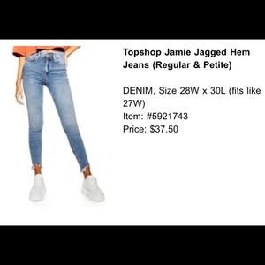 Top shop Jamie jagged hem jeans